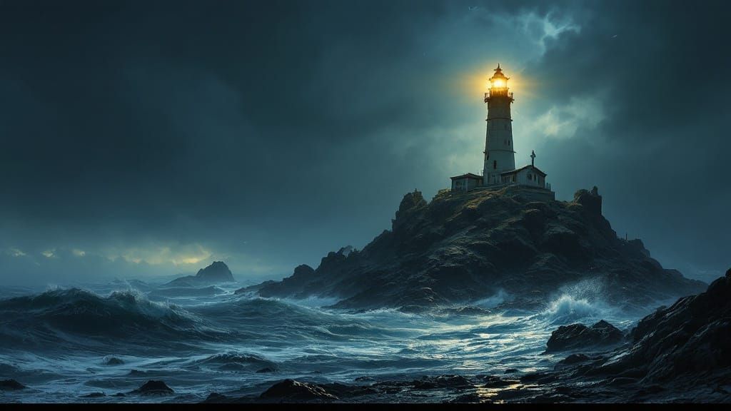 Lighthouse Beacon Shines in Stormy Night