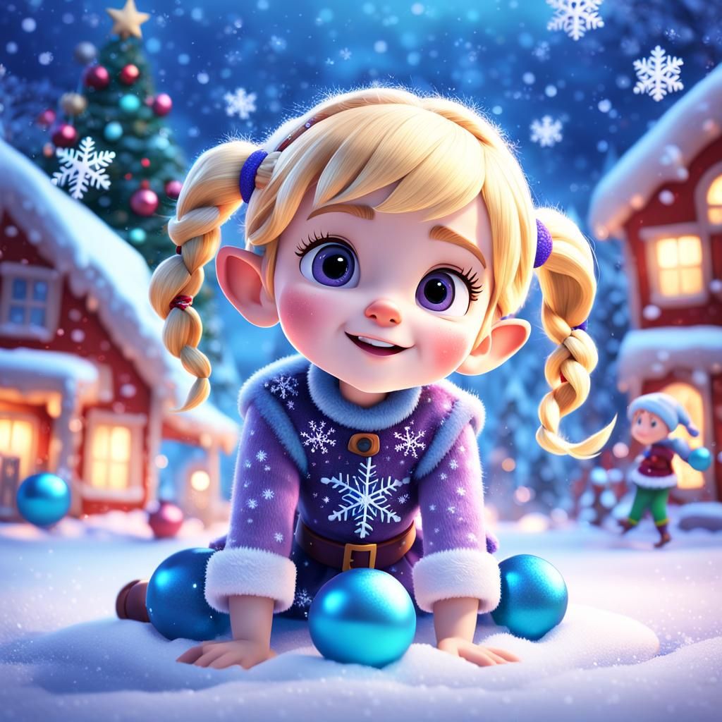 Blonde Elf Girl Playing in Snow, Pixar-Style