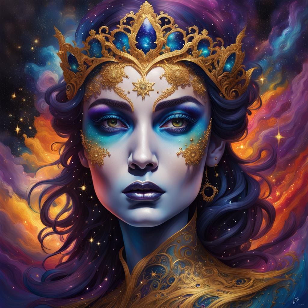 Night Queen in Starry Dress: Hyperrealistic Splash Art