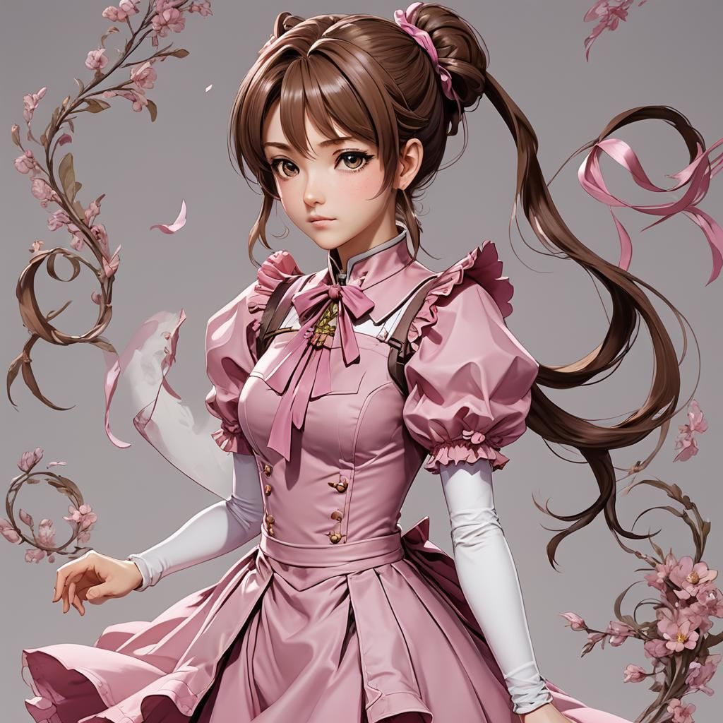 Anime Woman with Ponytails in Pink Dress