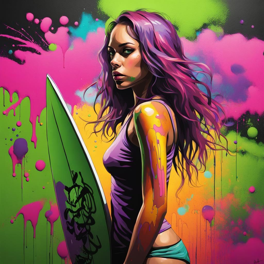 Surfer Girl in Graffiti Art Style