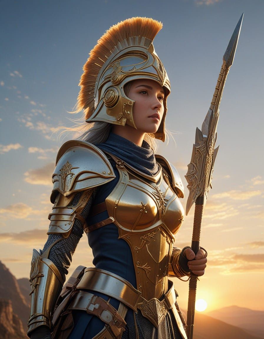 Armored Woman on Mountaintop in Digital Art Style