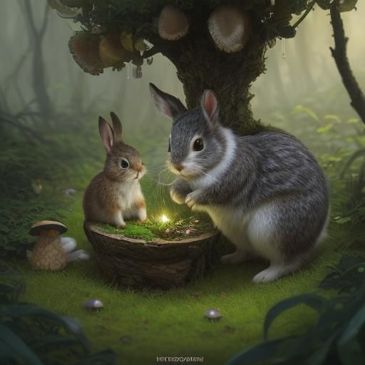 Rabbit Hiding in Forest: Hyperrealistic Macro Photo