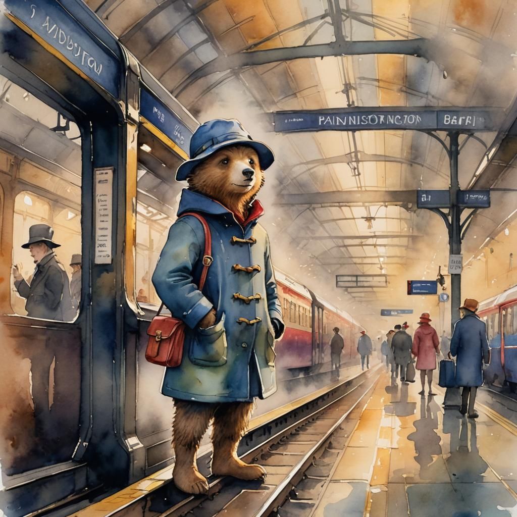 Paddington Bear at London Station in Watercolor Style