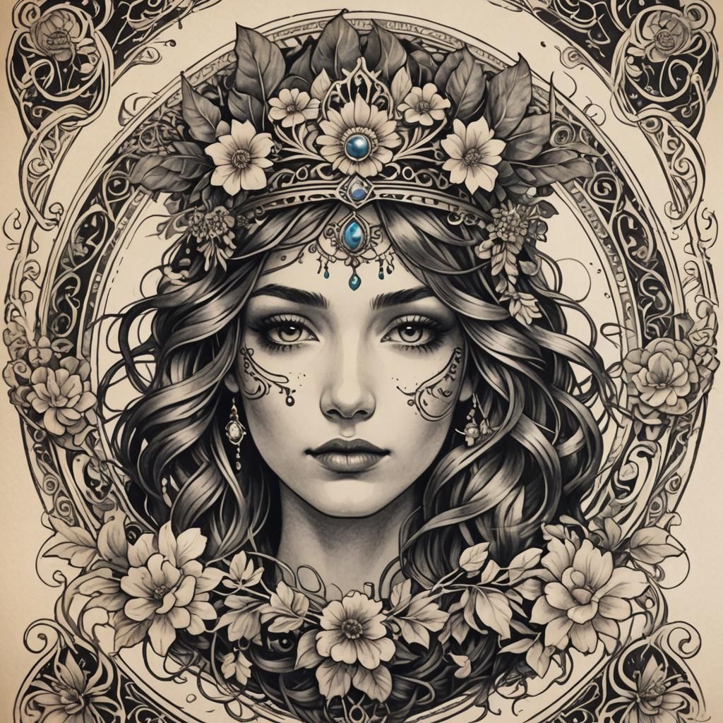 Bohemian Face with Art Nouveau Crown Tattoo