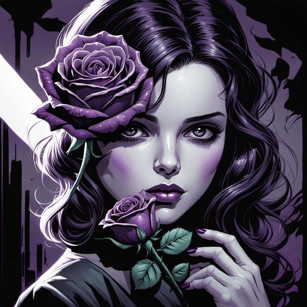 Girl With Purple Rose in Film Noir Comic Style