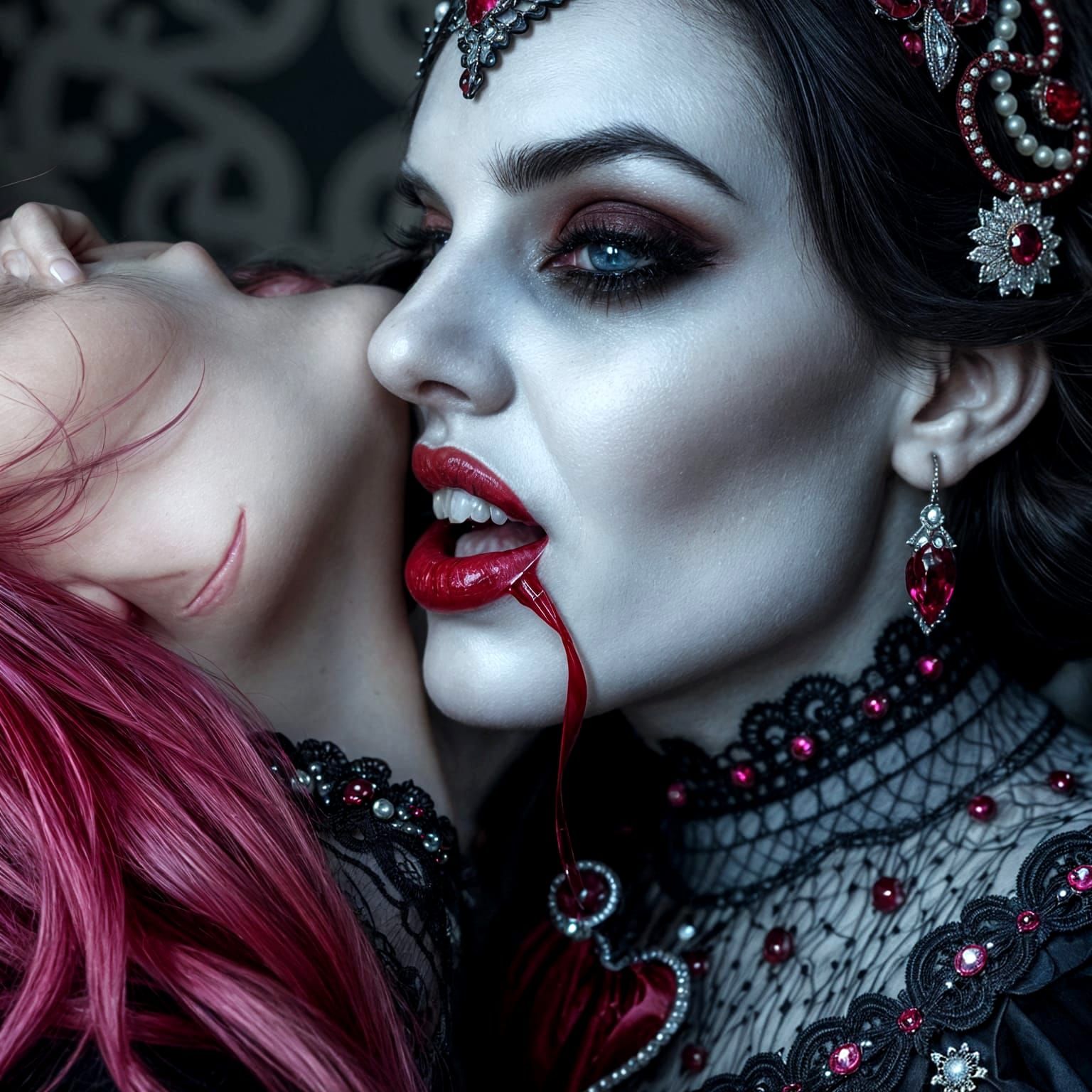 Gothic Vampire Goddess Biting Neck in Cinematic Film Still