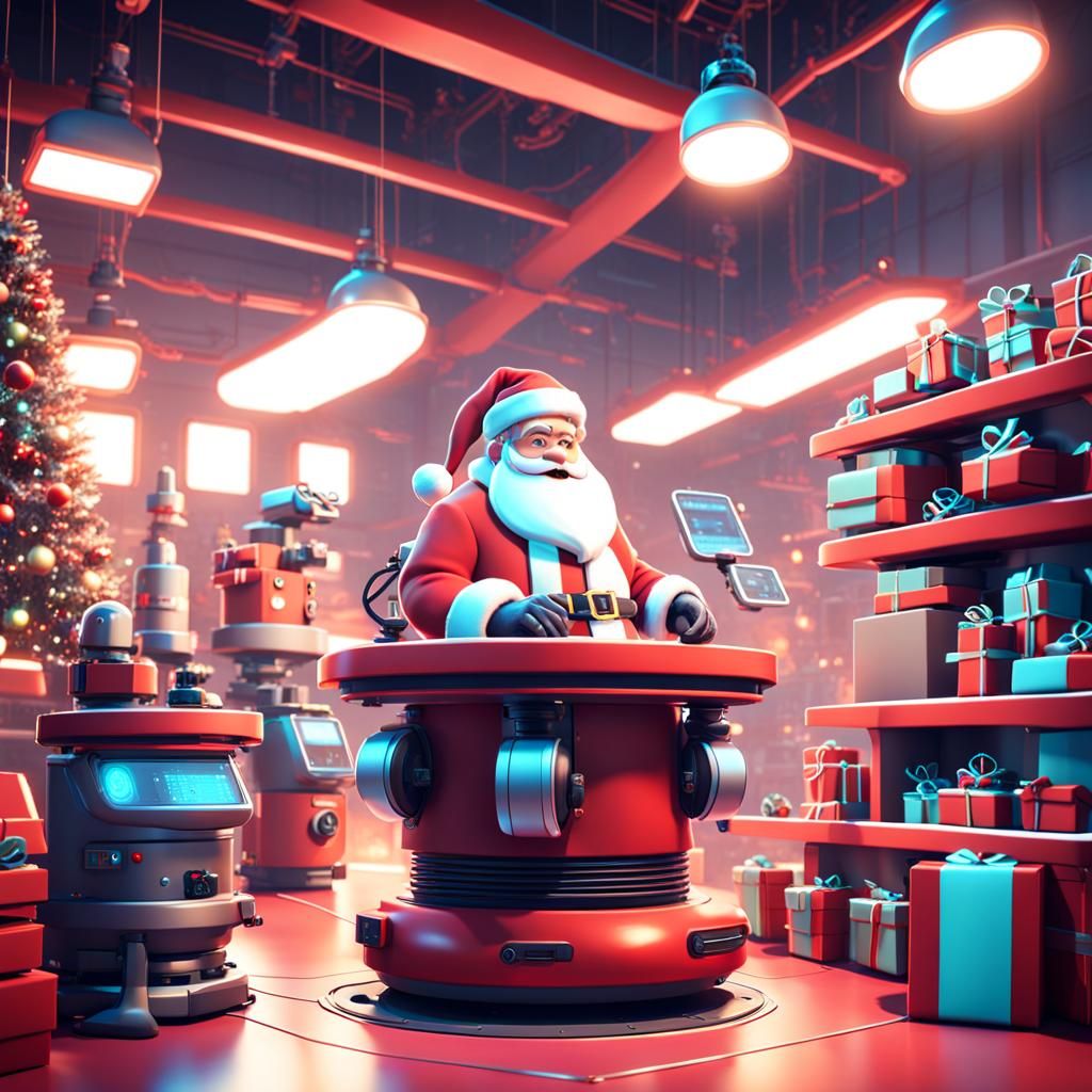 Futuristic Santa's Workshop with Gift-Wrapping Robots