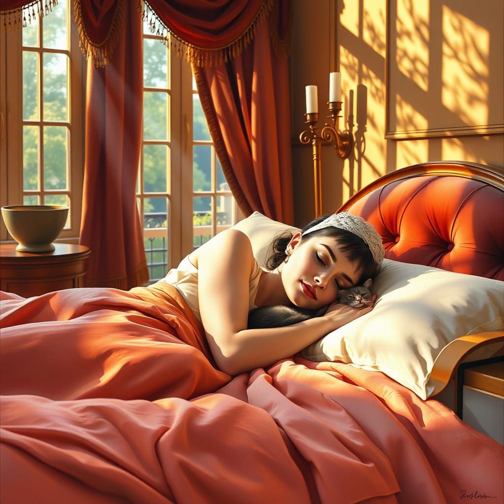 Serenely Awakening Audrey Hepburn in Luxurious Velvet Bed