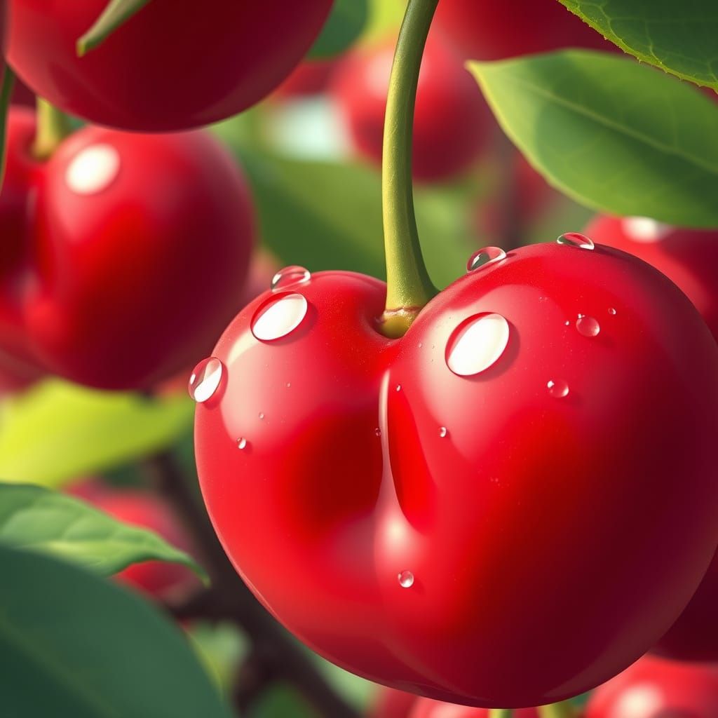 Glistening Cherry in Orchard, Whimsical Digital Art