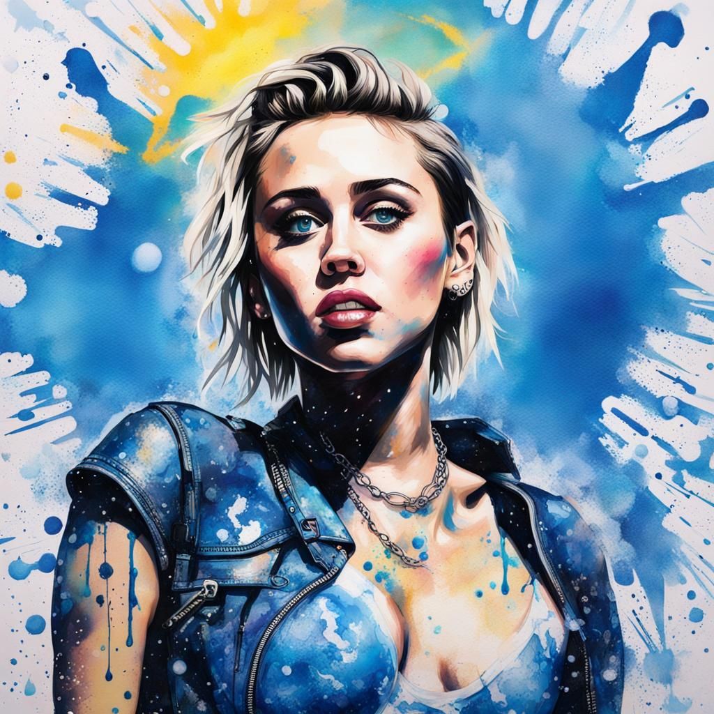 Cyberpunk Portrait with Blue Ink Spatter