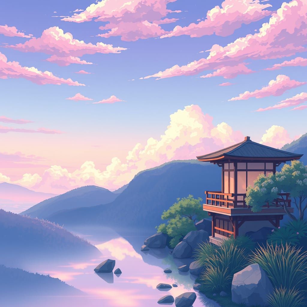Serenely Composed Anime Scene in Soft Pastel Hues