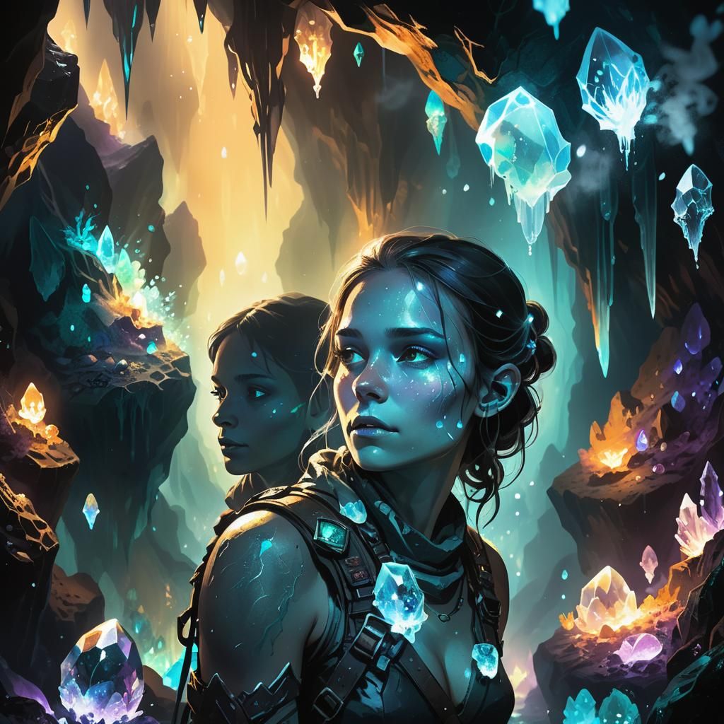 Adventurer in Bioluminescent Crystal Cavern, Dark Fantasy Ar...