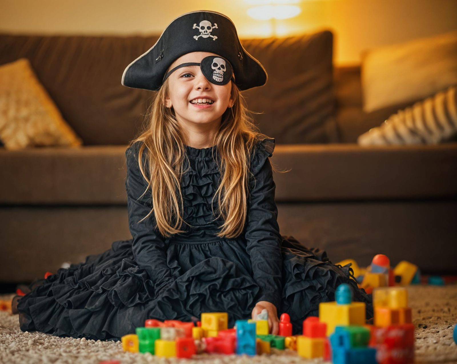 Girl Pirate with Skull Eyepatch Plays with Toys in Cozy Livi...