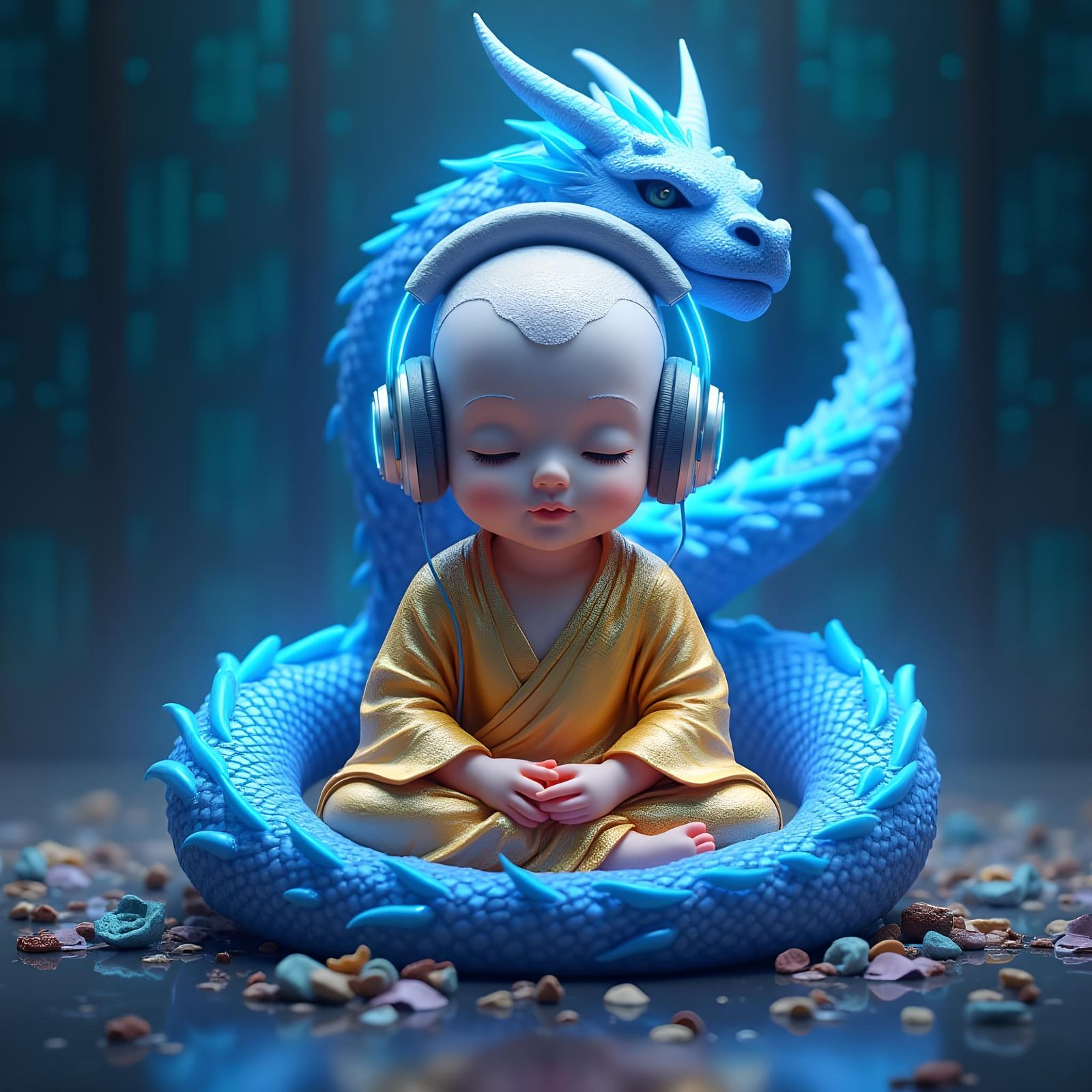 Baby Buddha with Dragon in Hyperrealistic Anime Art