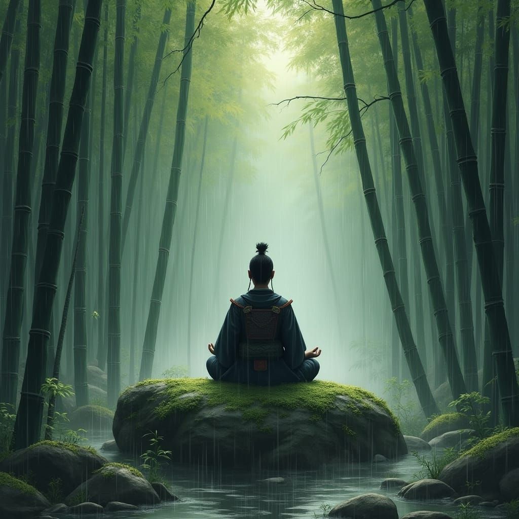 Samurai Meditating in Bamboo Forest, Sumi-e Style