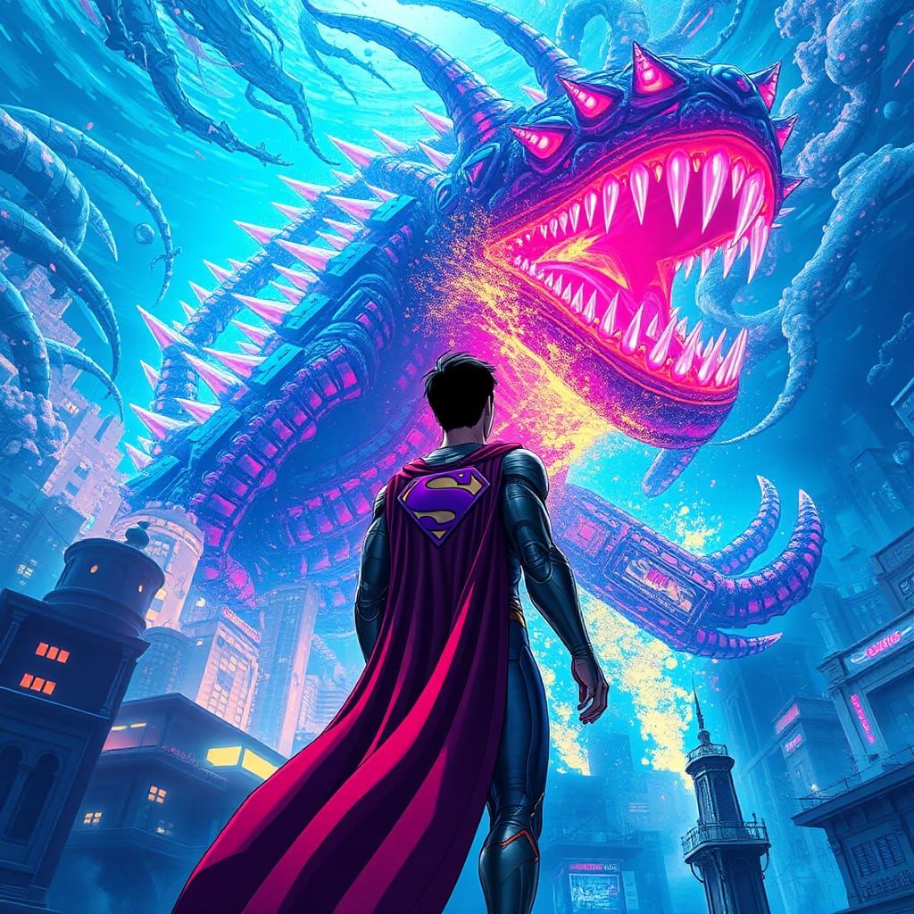 Godzilla vs. Superman in Underwater Cyberpunk Cityscape