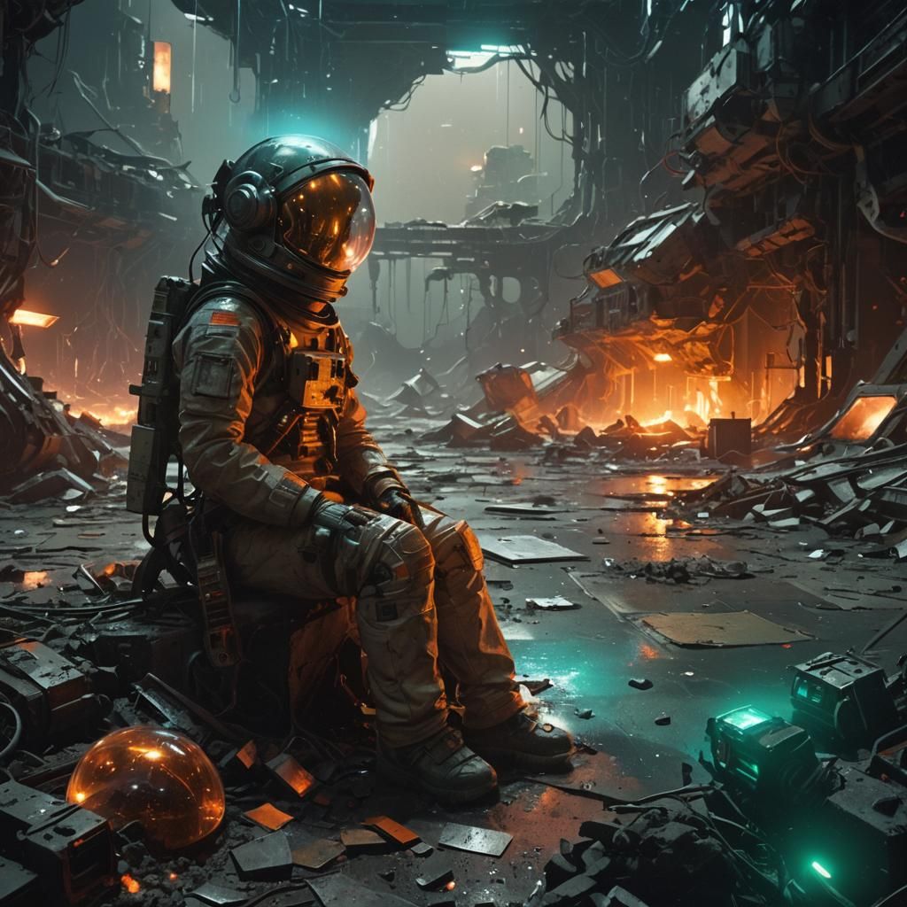 Lonely Astronaut in Ruined Lab: Dystopian Concept Art