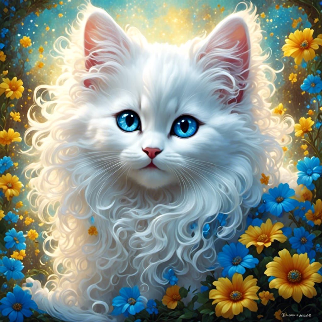 Blue-Eyed Kitten with Art Nouveau Floral Design
