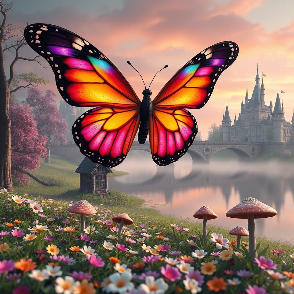 Dreamy Dark Fantasy Scene with Majestic Butterfly and Serene...