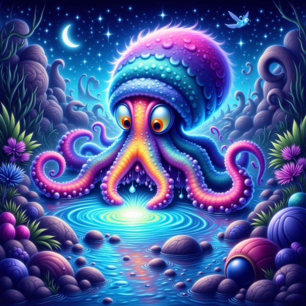 Rainbow Fur Octopus Reaches for Reflection in Ethereal Porta...