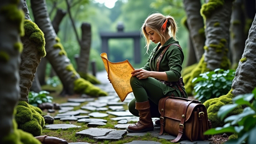 Elf Rogue at Crossroads in Fantasy Art Style