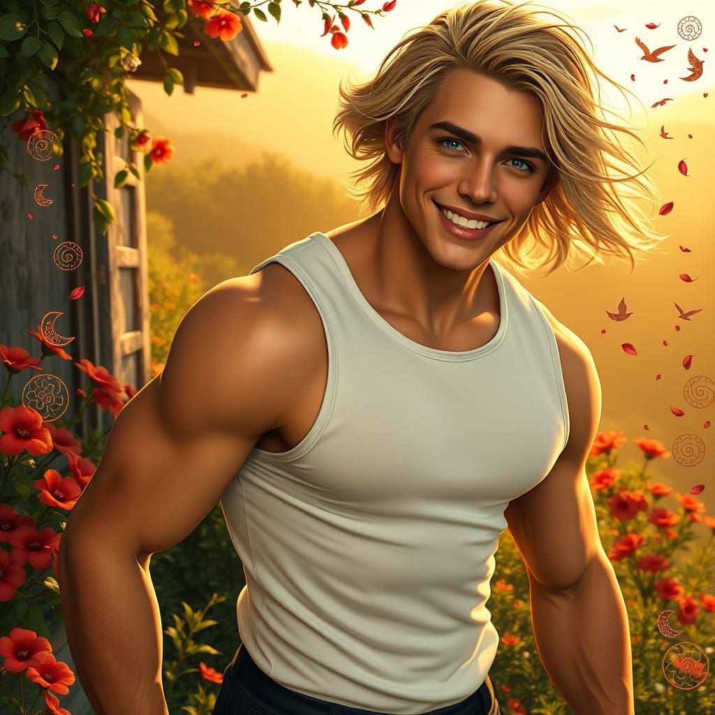 Dashing Young Athlete in Vibrant Folk-Inspired Landscape