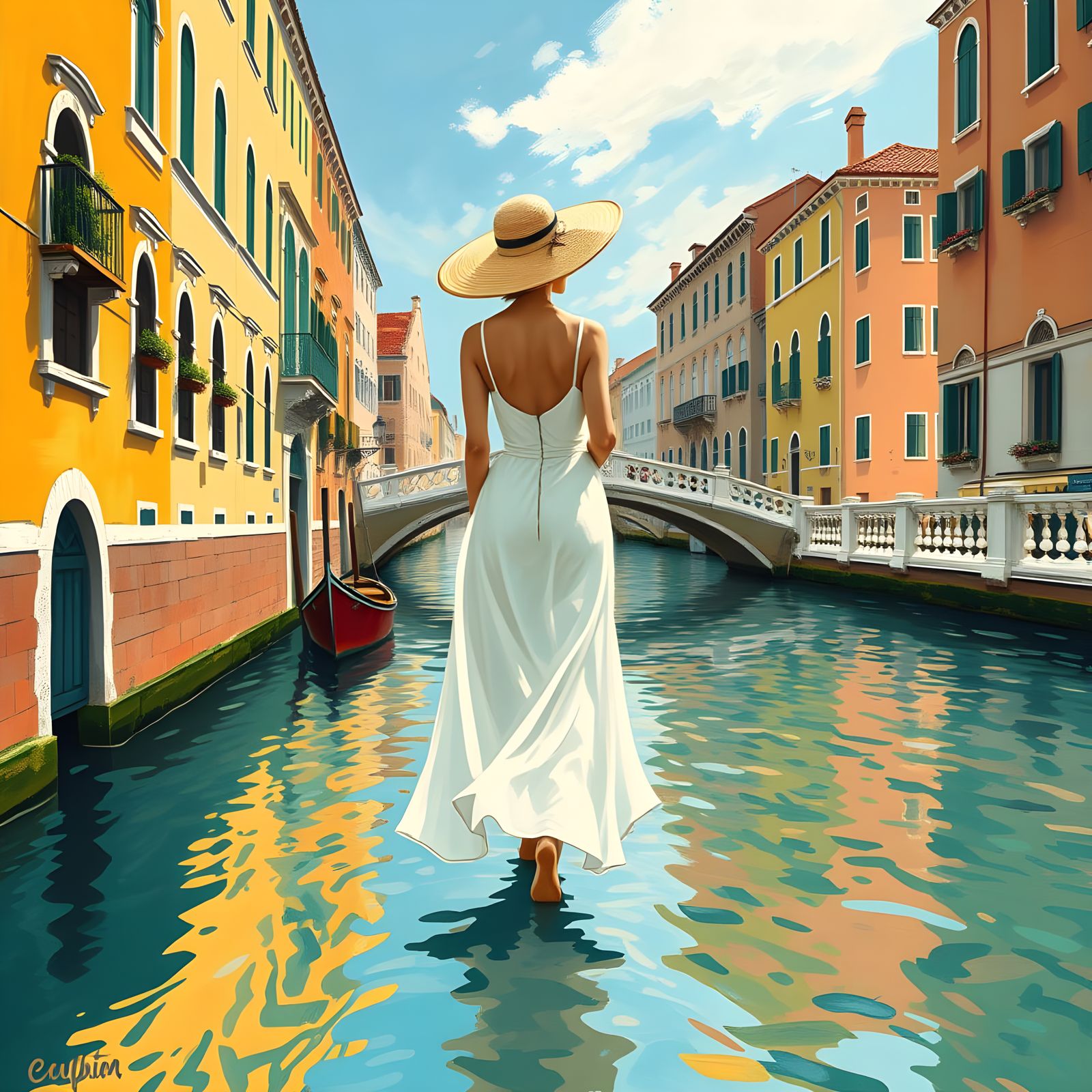 Woman Strolling Along Venice Canal in Matisse-Monet Style
