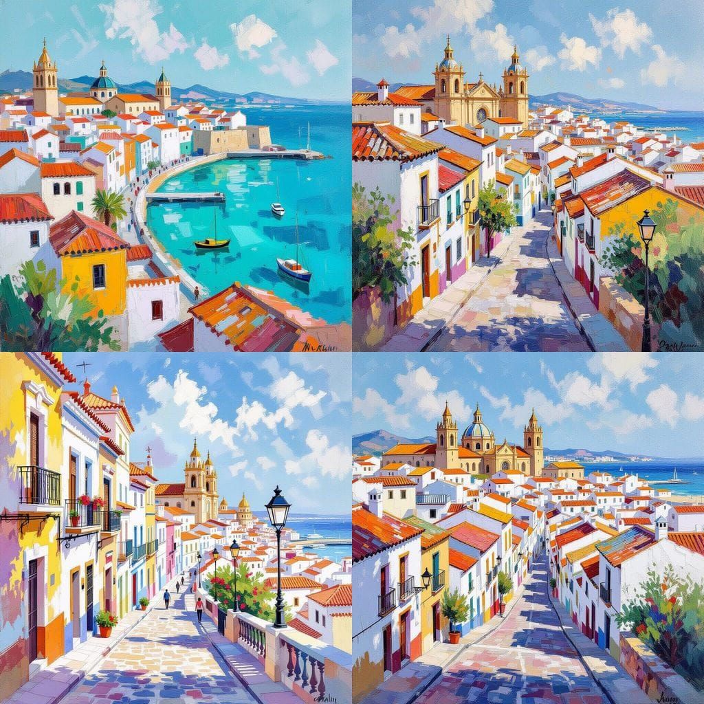 Cádiz Cityscape in Gouache Watercolor Style