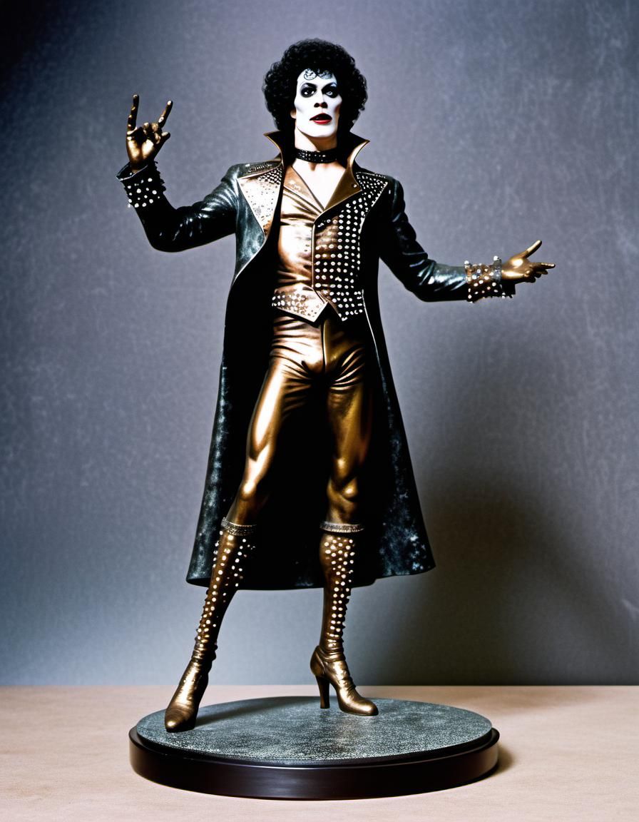 A bronze statue representing Dr. Frank N. Furter