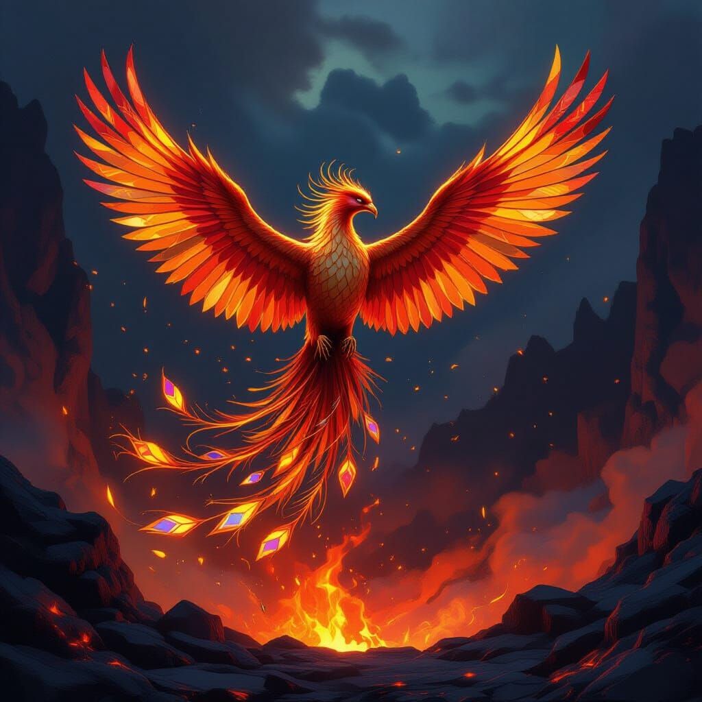 Stained Glass Phoenix Rises From Volcanic Caldera