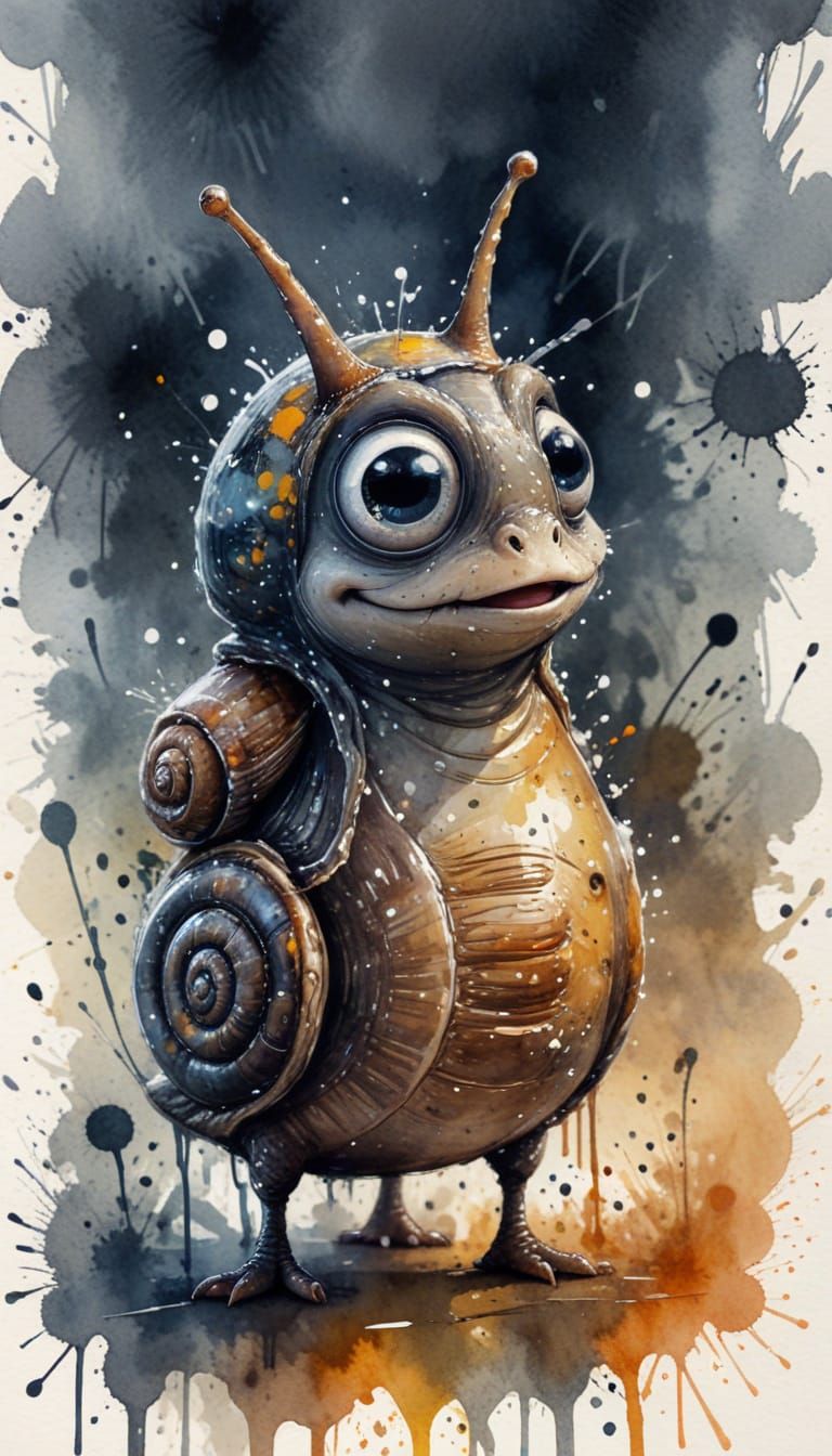 Anthropomorphic Snail with Big Eyes in Ink Splatter Style