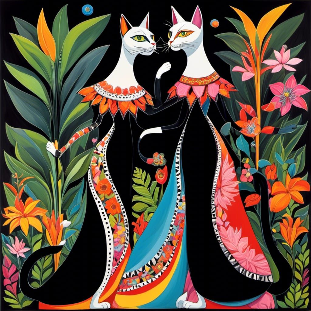 Whimsical Cats Dancing in Exotic Garden, Cubism Style