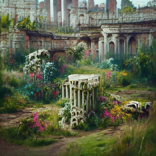 Roman Ruins in Overgrown Garden, Matte Painting
