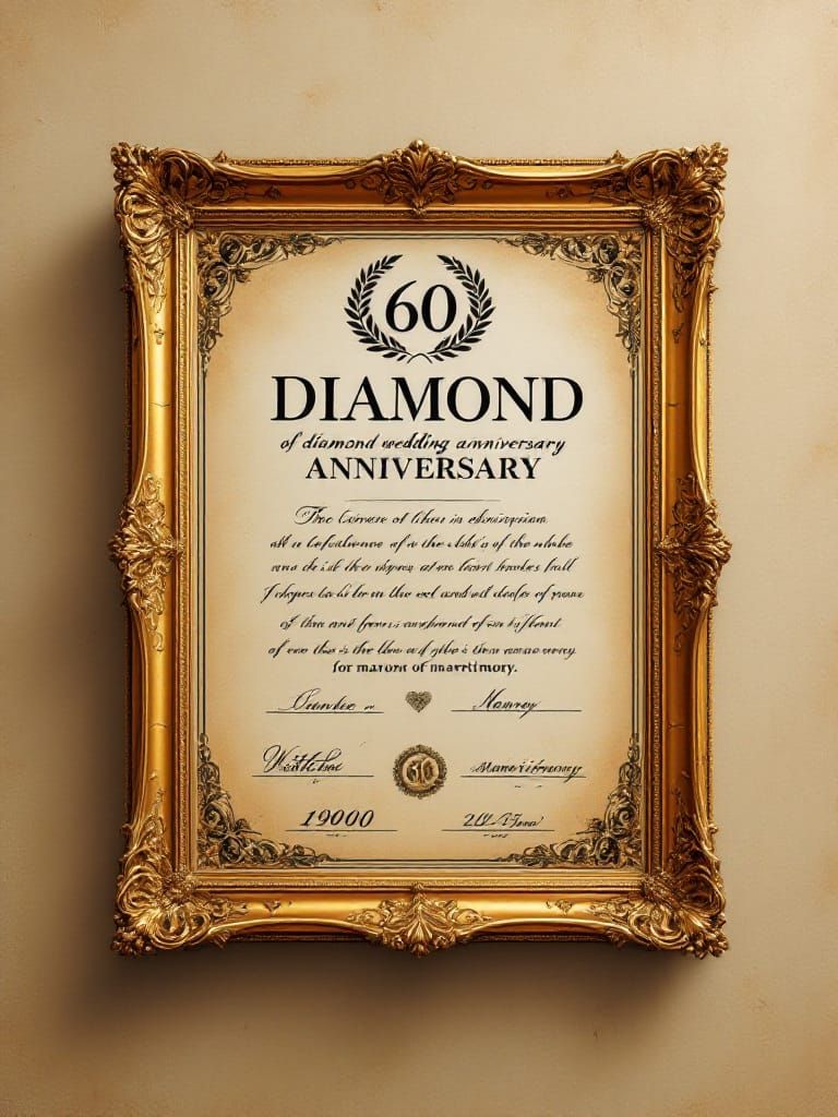Golden Diamond Wedding Anniversary Certificate in Baroque St...