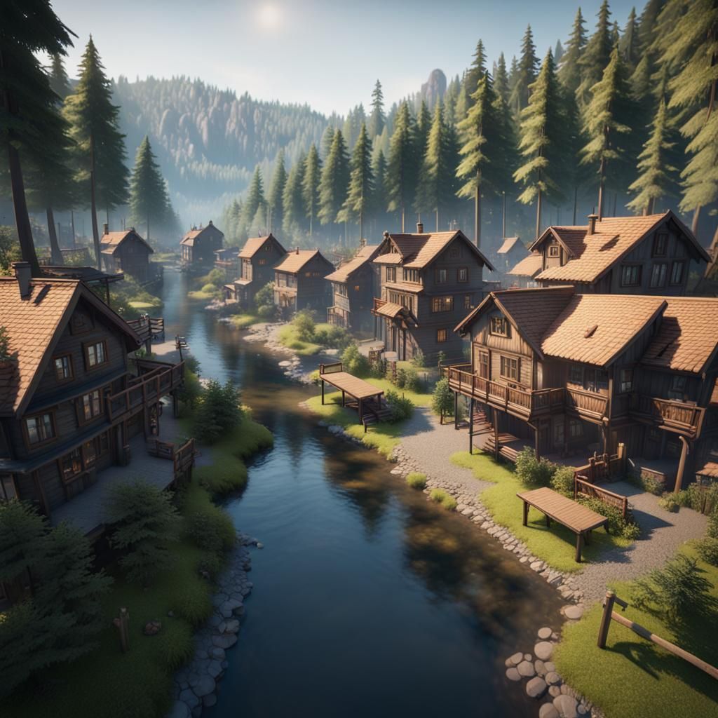 Modern Town in Dense Forest: 3D Game Cinematic