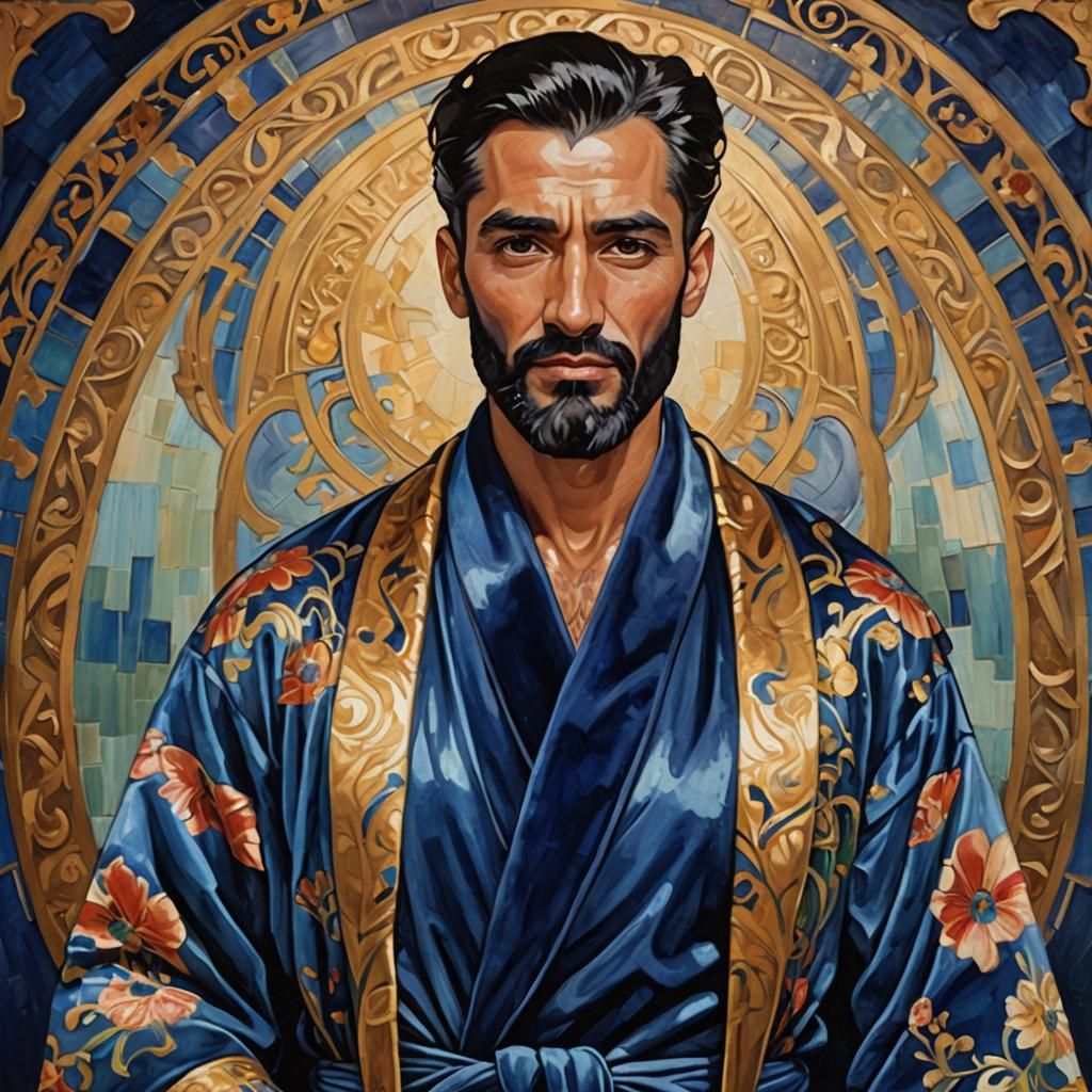 Elegant Man in Blue and Gold Robe, Art Nouveau Oil Painting