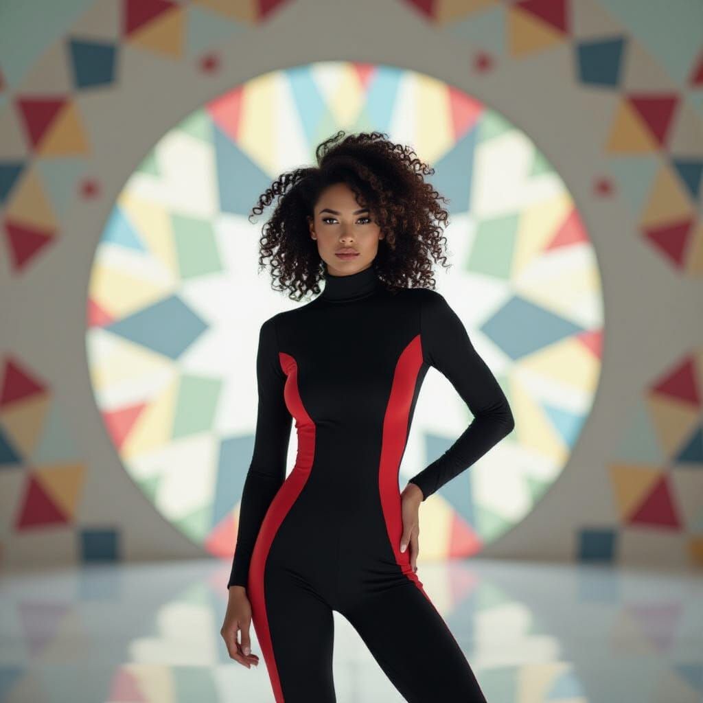 A figure in a striking black-and-red bodysuit poses against ...
