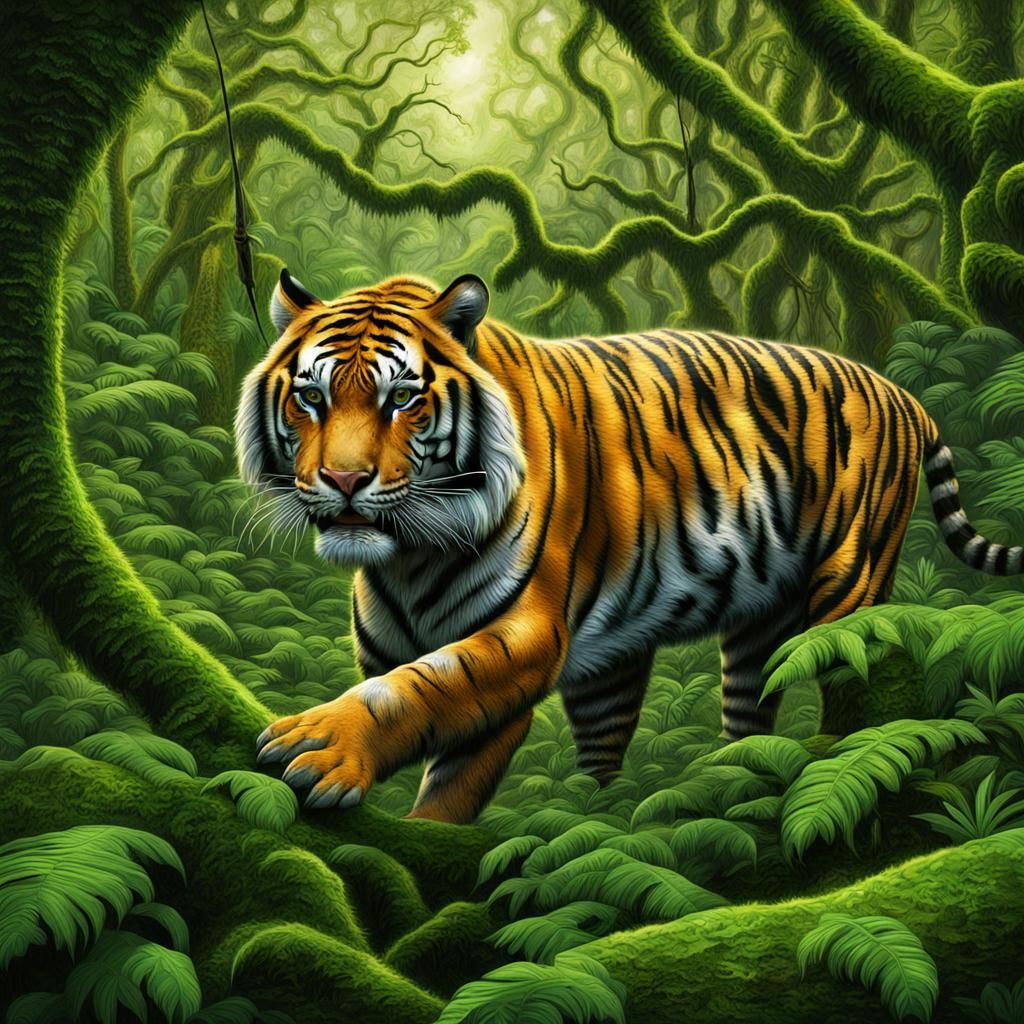 Tiger Hunt in Lush Rainforest Canopy