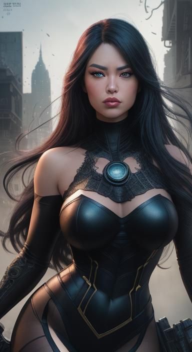 DC COMIC Black cat. Exagerated large boosom. Extraordinarily large-breasted.Hyper detail and detail rendered with DALL-E...