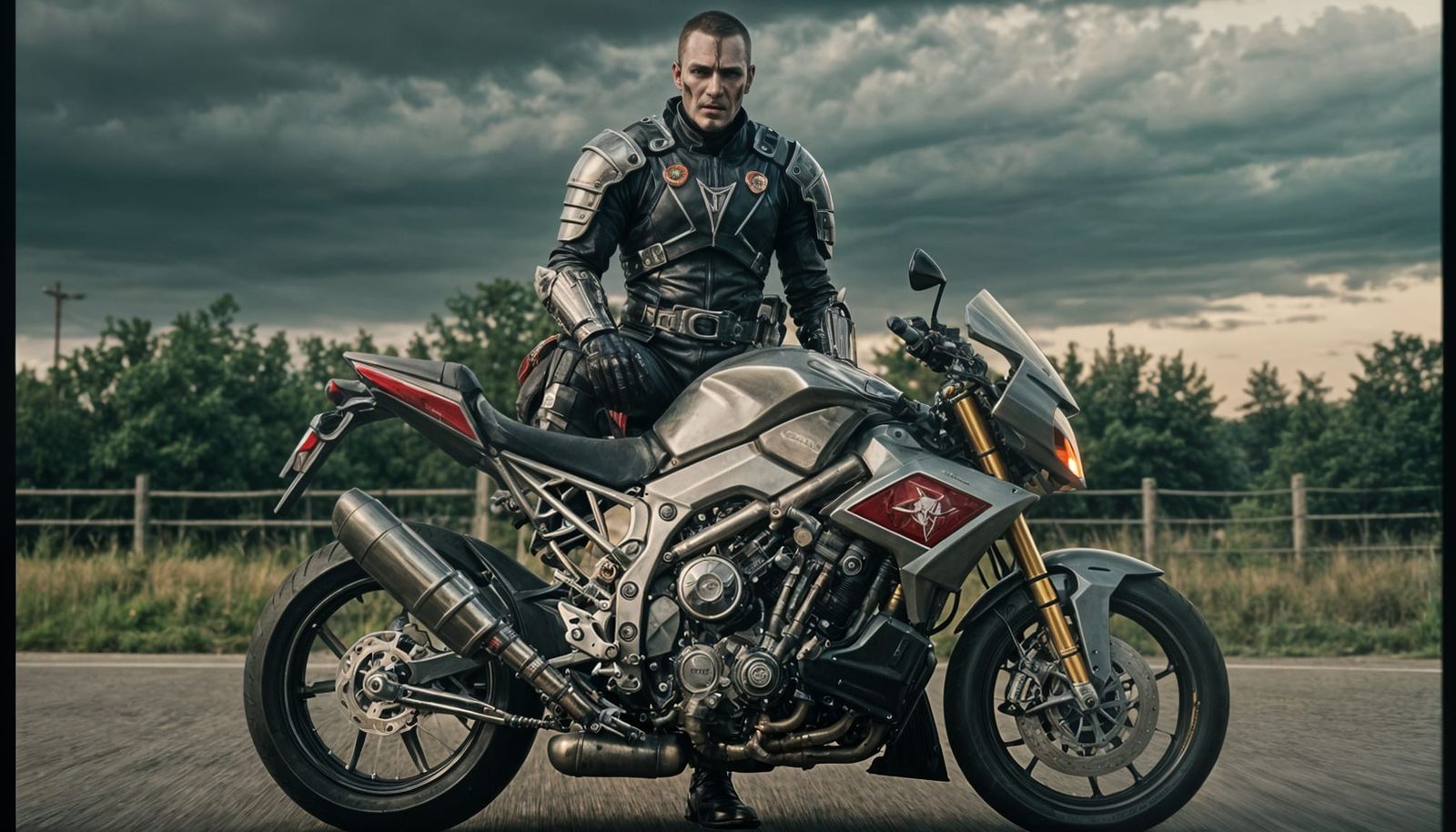 Cyborg Vampire in Armor on Sports Bike