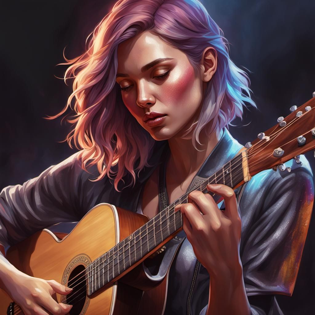 Detailed Portrait of Girl Playing Guitar
