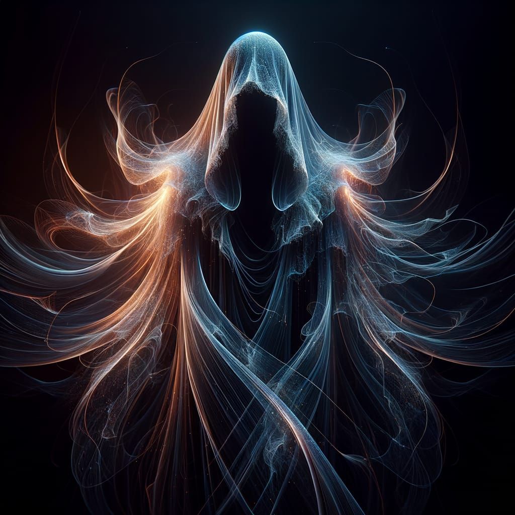 Ethereal Figure in Neon Robe, Against Dark Background