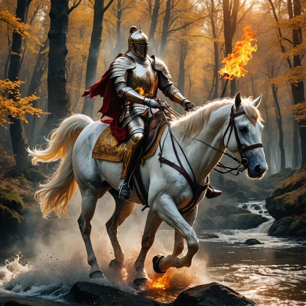 Masculine Knight on White Horse Rides From Castle