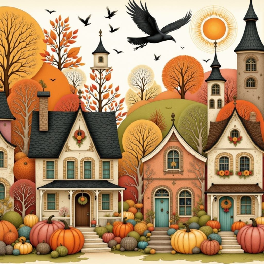 Whimsical Autumn Village Digital Painting