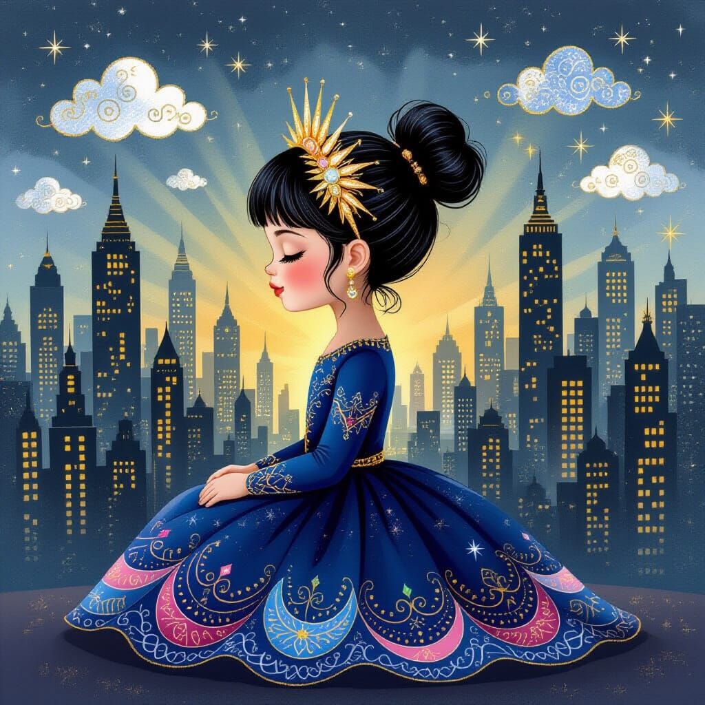 Whimsical Fantasy Child in Glowing Cityscape