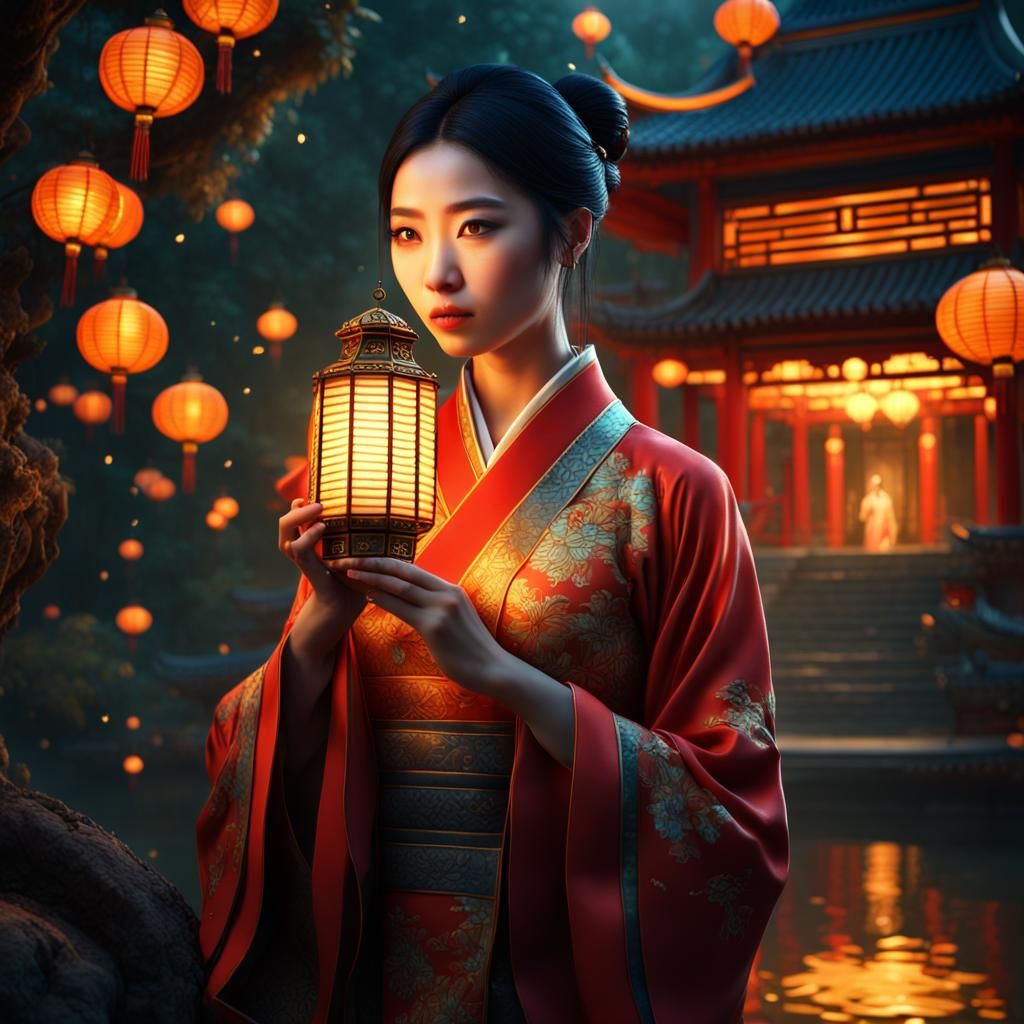 Chinese Woman with Firefly Lantern in Garden