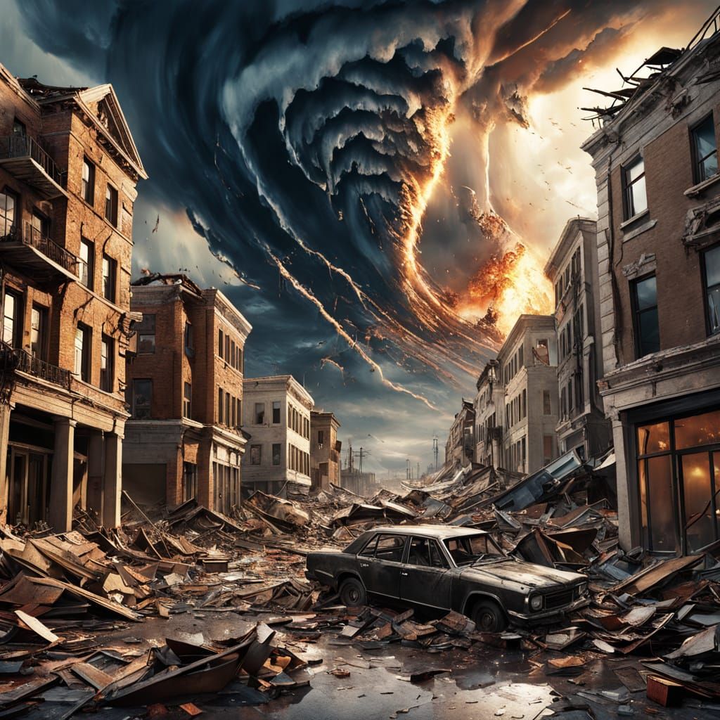Dramatic Tornado Devastates City in a Cinematic Oil Painting