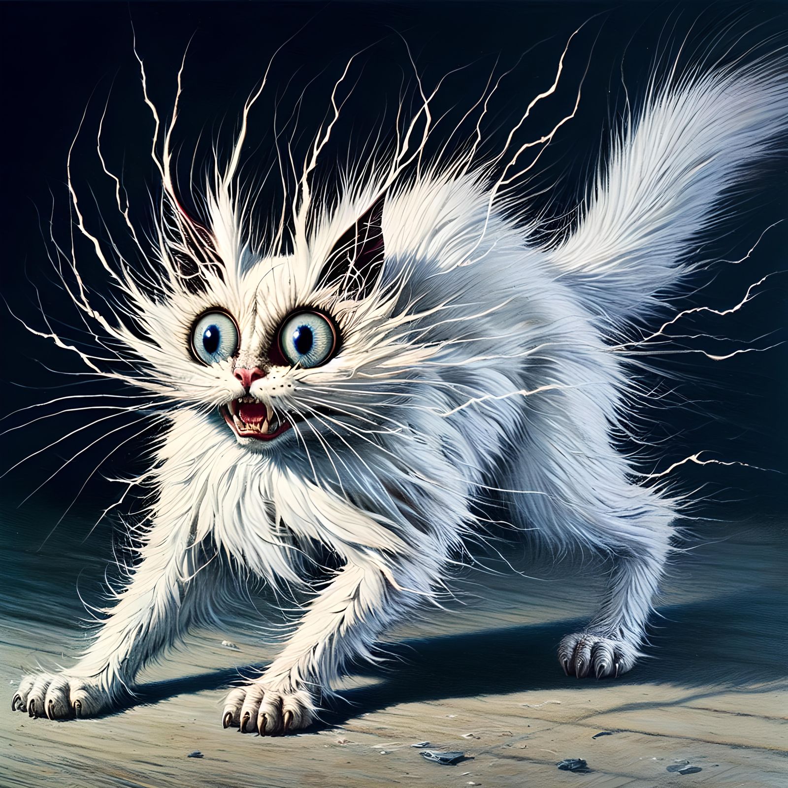 Electrified White Cat Navigating Chaotic Environment