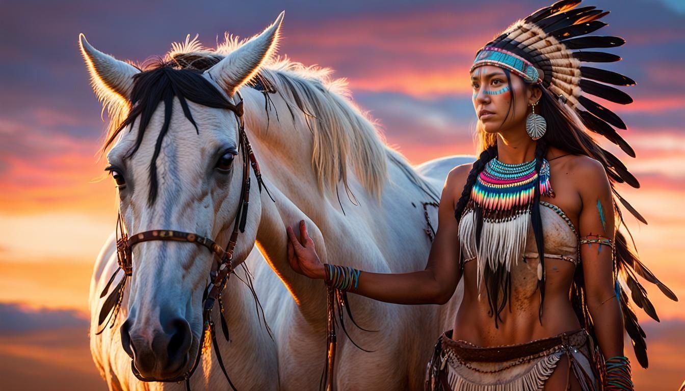 young beautiful and slender native american woman in small loincloth is standing beside her horse